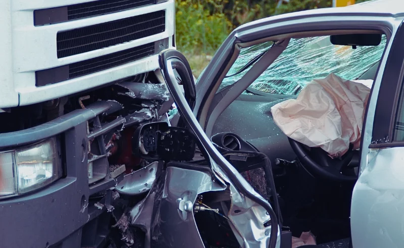 Collision of a truck and a grey car.