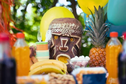 Caribbean theme party with fruits and beverages.