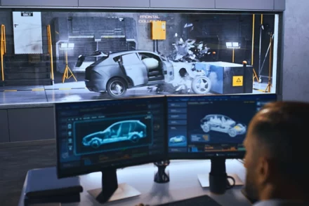 Guy looking on his computer for the performance result from a crash test.