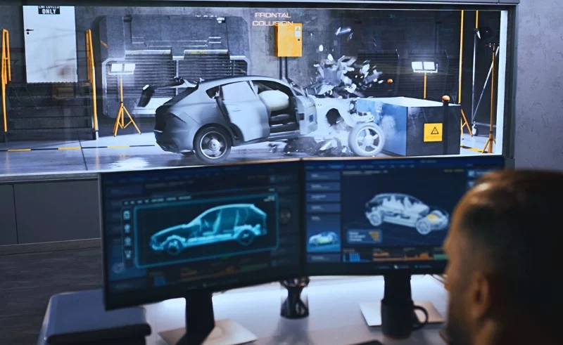 Guy looking on his computer for the performance result from a crash test.