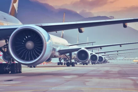 Planes parked at the airport.