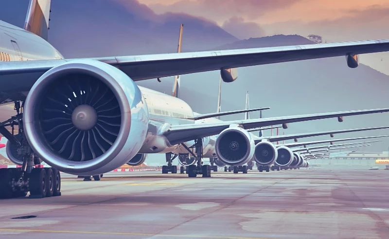 Planes parked at the airport.